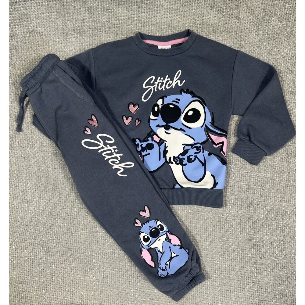 Disney Stitch Set‎ Girls 3-4 Yrs Gray Fleece Sweatshirt Joggers Graphic Print